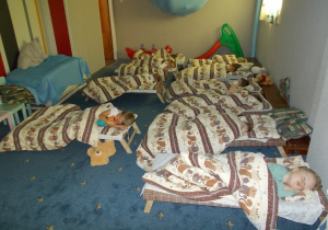 Sypialnia przedszkolna. Dzieci smacznie śpią na leżaczkach. Kołderki mają w obrazki kotków a każde ściska przytulankę.