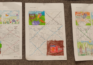 Wykonane karty pracy. Pokolorowane obrazki miejsc, w których dzieci chciałyby przebywać: plac zabaw, kolorowa łąka, las.