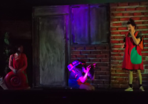 Scenografia: ceglasta ściana domu. Na scenie trzy aktorki: jedna stoi w kolorowym fartuszku. Jedna skulona, kolejna trzyma plastikowego dużego ślimaka.