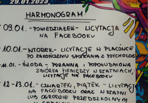 Harmonogram z akcjami w przedszkolu w ramach 31 finału: zbiórki pieniędzy i licytacje.