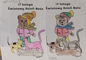 Dwie kolorowanki wykonane kredkami przedstawiające misia i bawiące się trzy kotki.
