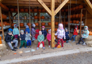Grupka dzieci pozuje do zdjęcia we wnętrzu stodoły. Część siedzi na dyniach, część na sianie a jeszcze inni na huśtawkach z lin.