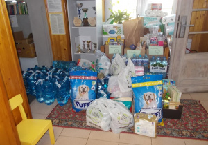 Ustawione worki z karmą dla zwierząt oraz inne produkty potrzebne do przygotowania wyżywienia.