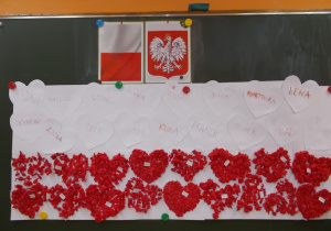 Na tablicy przyczepione prace dzieci. Na górze białe serduszka, na dole te z czerwonej bibuły. Powstała Wielka Flaga małych Polaków.